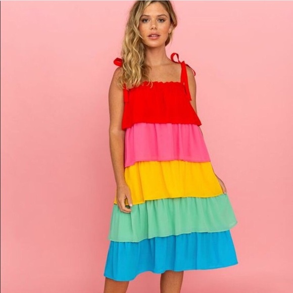 Crosby by Mollie Burch Women’s Beckett Rainbow Tier Midi Dress/Maxi Skirt Pride - Picture 1 of 12